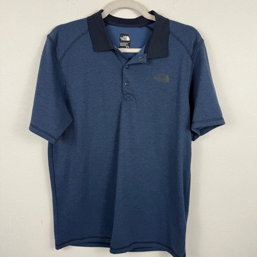 The North Face Mens FlashDry Polo Shirt Navy Blue Stripe Short Sleeve Size M